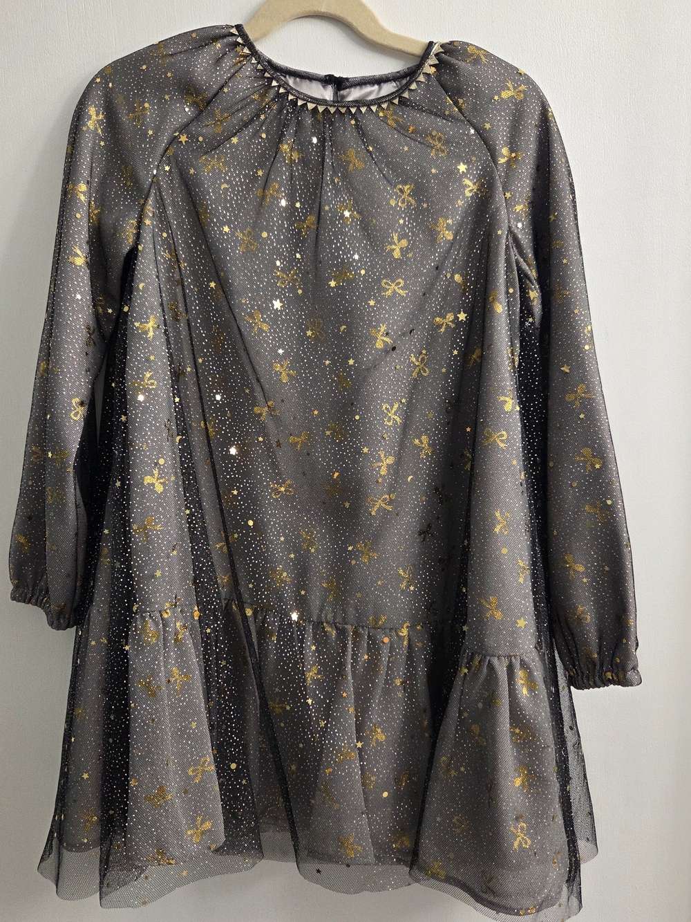 Imoga Girls Black Tulle Dress with Gold Star & Bow Print